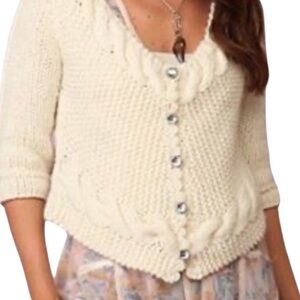 Free People Cream Chunky Wide Neck Cable Detail Cardigan M